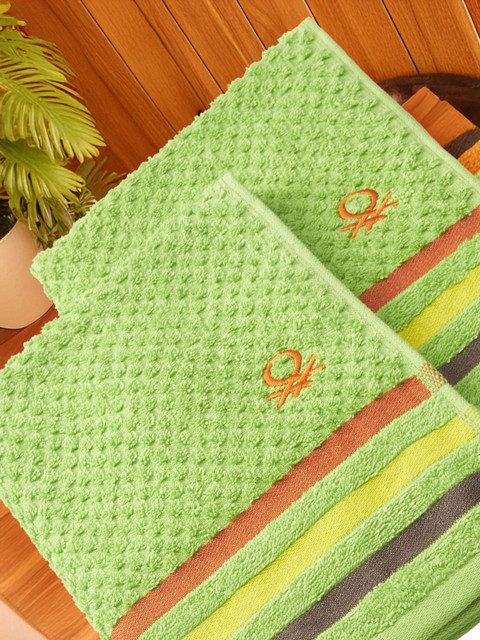 United Colors of Benetton Rainbow Green 3 Piece Striped 450 GSM Pure Cotton Towel Set - Image 4