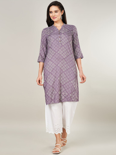 RANGMANCH BY PANTALOONS Geometric Printed Mandarin Collar Straight Kurta