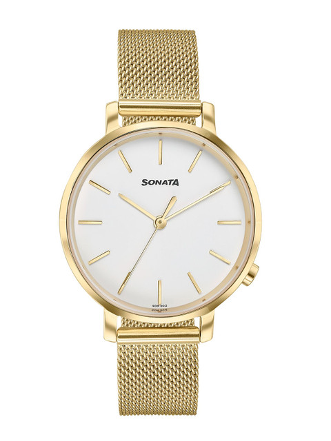Sonata Women Brass Dial & Stainless Steel Bracelet Style Straps Analogue Watch 87045YM02W