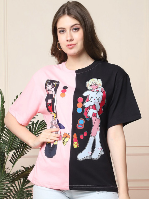 Fabflee Women Graphic Printed Drop-Shoulder Sleeves Cotton Oversized T-shirt