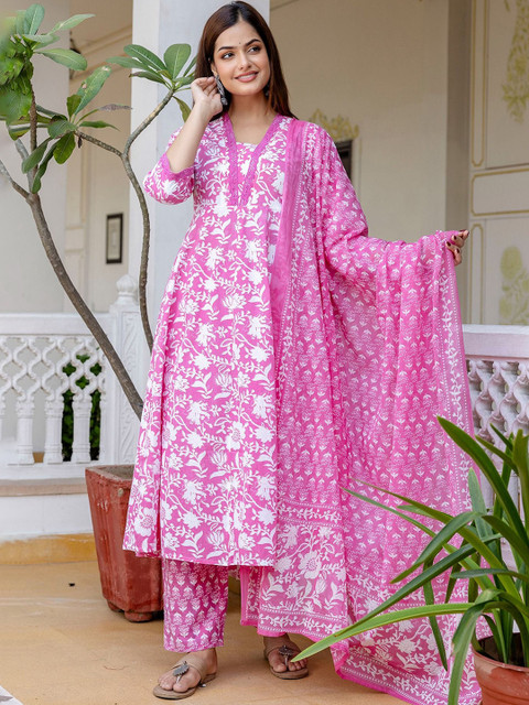 PARTHVI Floral Printed Regular Pure Cotton Anarkali Kurta With Trouser With Dupatta
