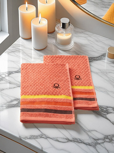 United Colors of Benetton Rainbow Peach-Coloured 3 Piece Striped 450 GSM Cotton Towel Set - Image 2