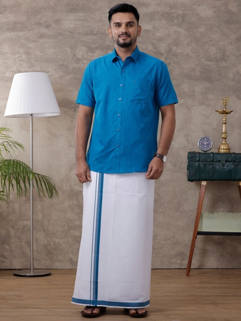 Ramraj Men Half Sleeve Shirt With Fancy Border Dhoti