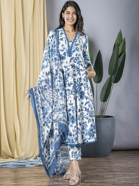 KALINI Women Floral Printed Regular Pure Cotton Kurta with Trousers & With Dupatta