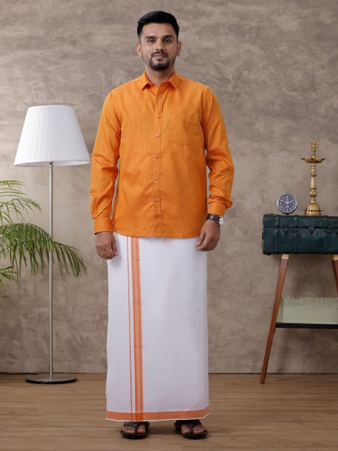 Ramraj Men Full Sleeve Shirt Regular Collar Shirt with Matching Fancy Border Dhoti