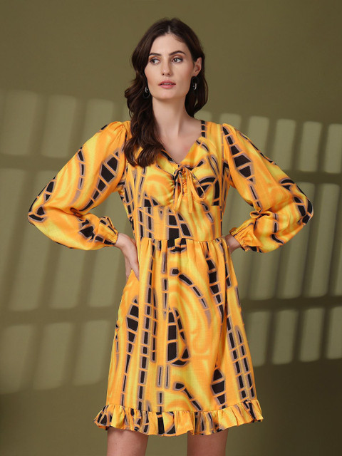 plusS Tie and Dye Print Tie-Up Neck Puff Sleeve Fit & Flare Mini Dress