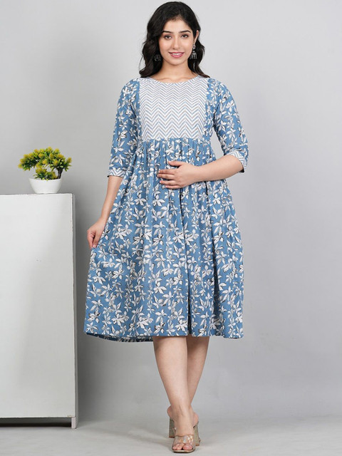 HETSA Floral Printed Pure Cotton Fit and Flare Maternity Ethnic Dresses