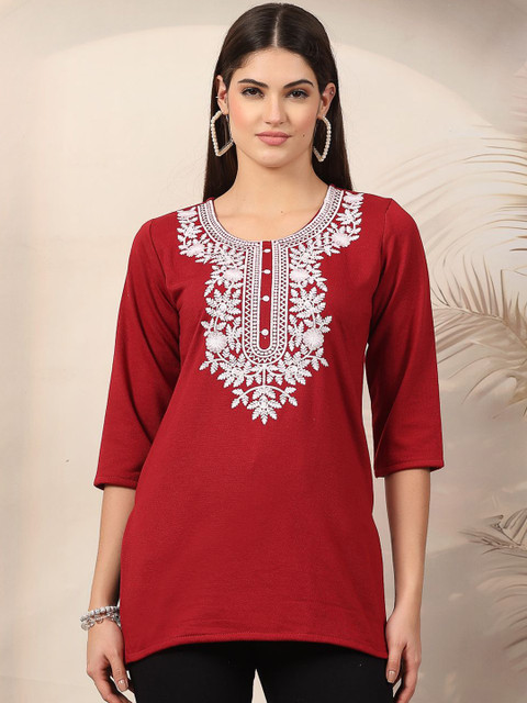 Clora Creation Floral Embroidered Round Neck Woolen Straight Kurta