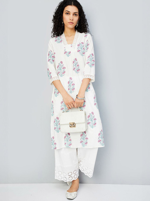 max Women Floral Embroidered Flared Sleeves Chikankari Kurta