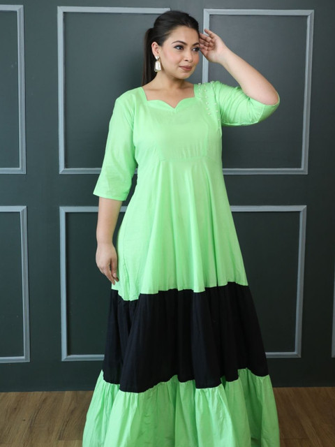 Swadeshi Shringaar Women Colourblocked Fit and Flare Cotton Maxi Dress plus size