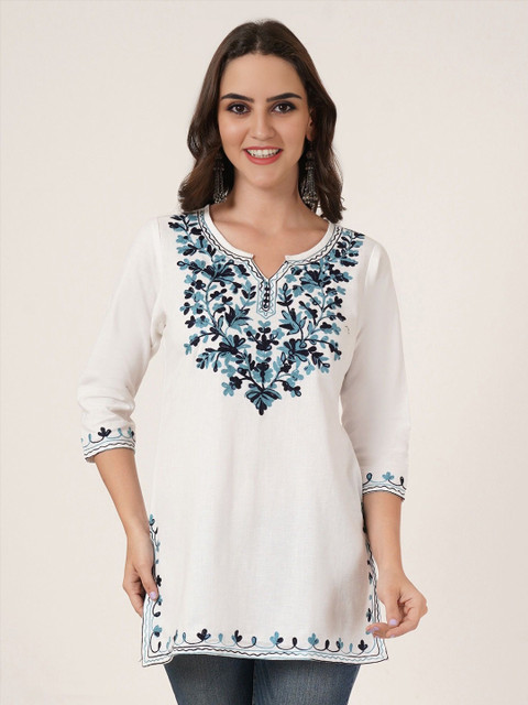 Brownverse Women Floral Embroidered Thread Work Pure Cotton Khadi Thread Work Kurti