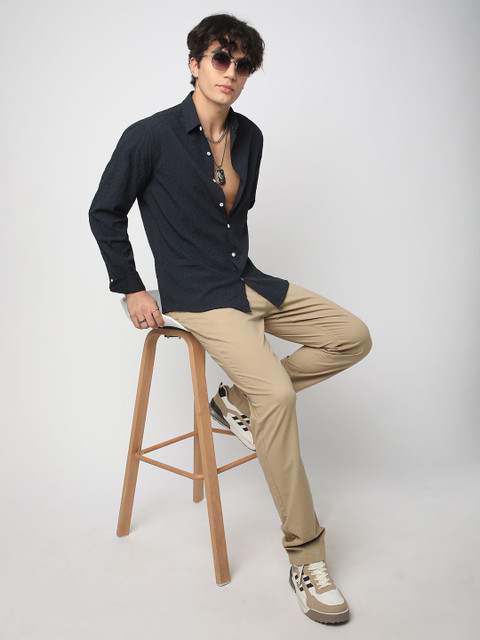 VASTRADO Men Classic Spread Collar Textured Solid Slim Fit Casual Shirt - Image 6