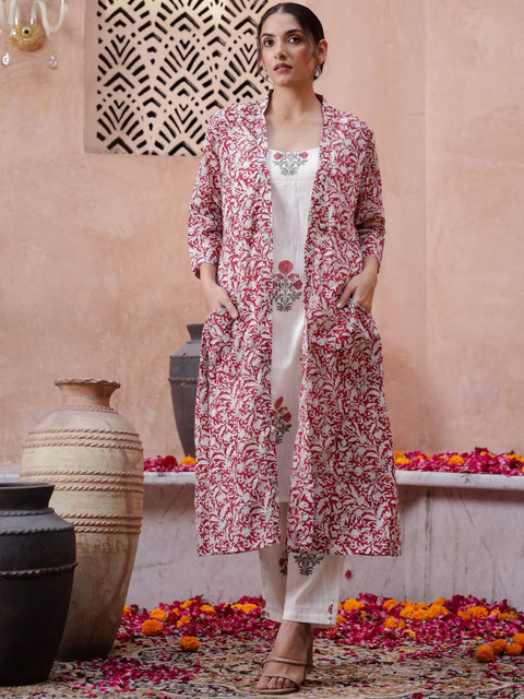 Sangria Printed Pure Cotton Kurta With Trouser & Longline Front-Open Shrug