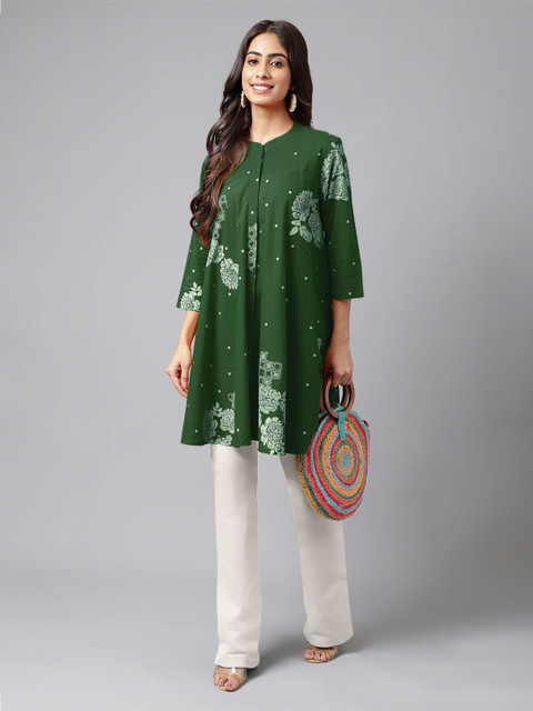 Janasya Women Pure Cotton Floral Printed Flared Tunic