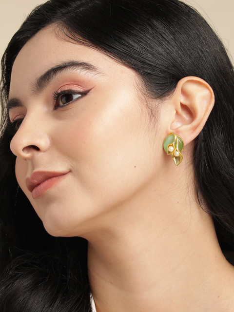 Anouk Gold Plated Beaded Leaf Shaped Studs Earrings