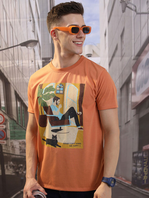 HIGHLANDER Camel Brown Graphic Printed Slim Fit T-shirt