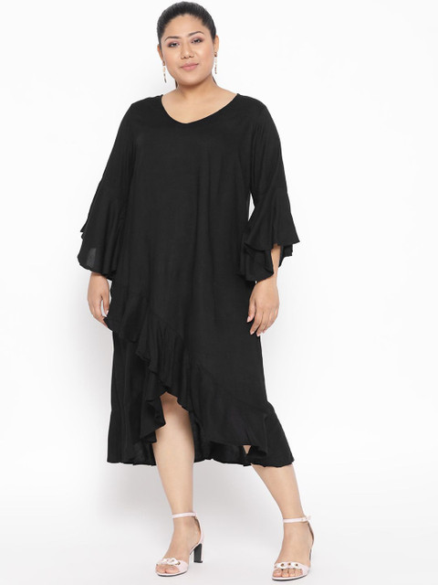 theRebelinme Women Plus Size Bell Sleeve Ruffled A-Line Midi Dress