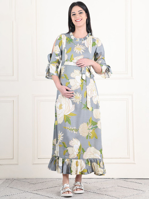 Moms Maternity Women Cotton Floral Printed Round Neck Dress