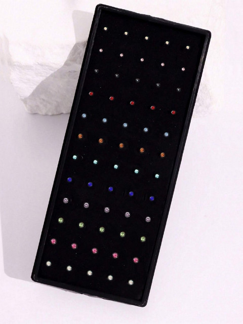 VAMA Women Set of 60 Pcs Silver Piercing Diamond Stone Pierced Studs Nosepin