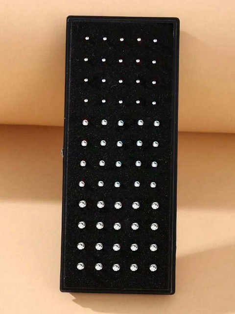 VAMA Women Set of 60 Pcs Silver Piercing Diamond White Stone Pierced Stud Nosepin