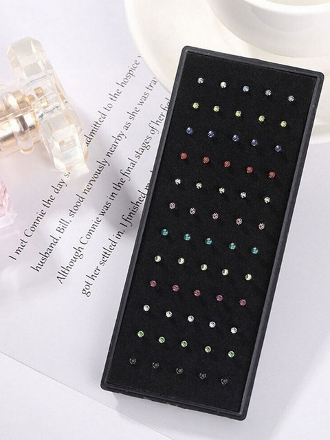 VAMA Women Set of 60 Pcs Silver Piercing Diamond Stone Pierced Studs Nosepin
