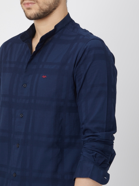 Mufti Slim Fit Checked Mandarin Collar Pure Cotton Casual Shirt - Image 2