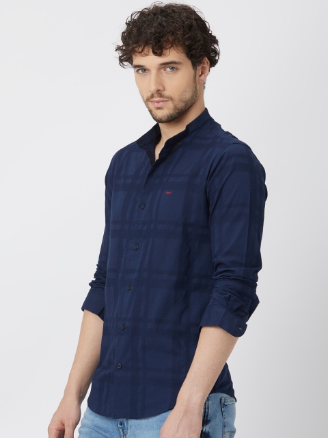Mufti Slim Fit Checked Mandarin Collar Pure Cotton Casual Shirt - Image 3