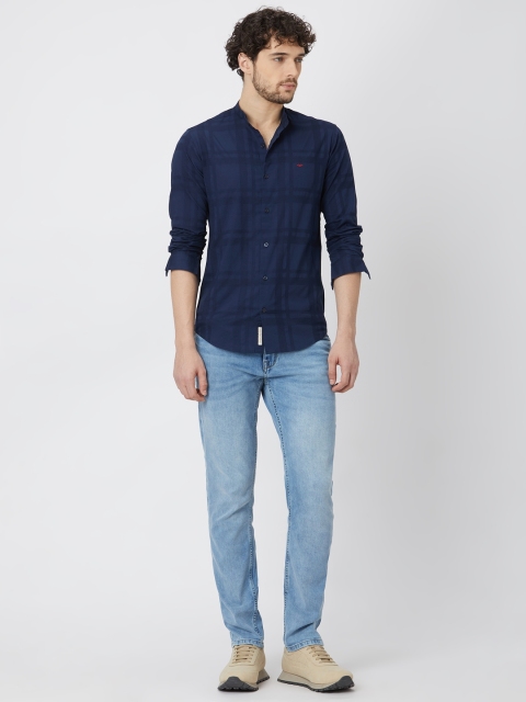 Mufti Slim Fit Checked Mandarin Collar Pure Cotton Casual Shirt - Image 6