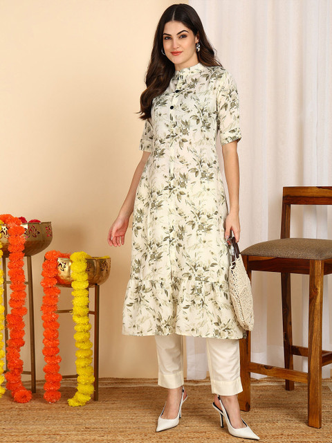 DSK STUDIO Floral Printed Mandarin Collar Ethnic A-Line Kurta
