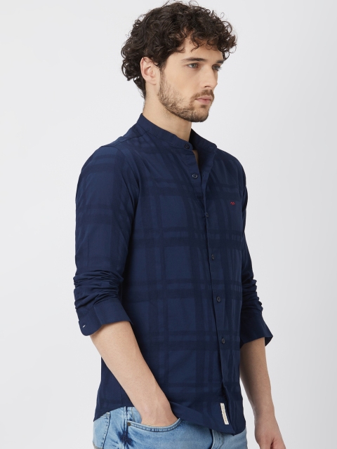 Mufti Slim Fit Checked Mandarin Collar Pure Cotton Casual Shirt - Image 4