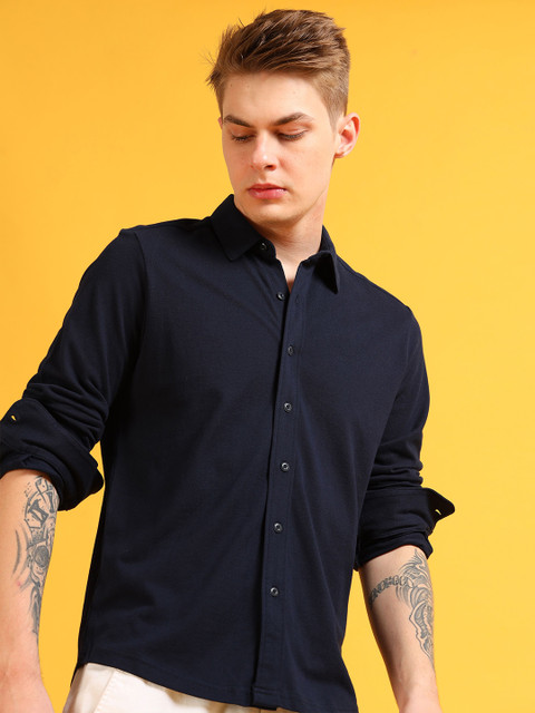 StitchX Men Solid Long Sleeve Knitted Shirt