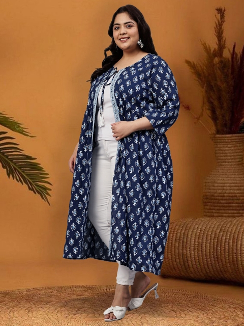 Indietoga Plus Size Floral Printed Tasselled Longline Cotton Ethnic Tie-Up Shrug - Image 4