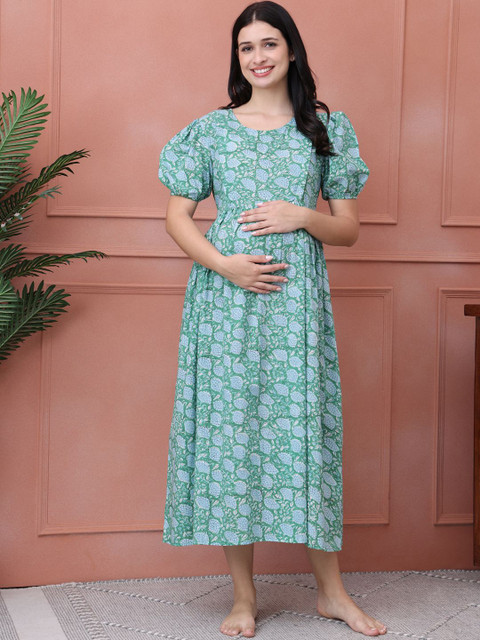 Secret Wish Women Pure Cotton Floral Printed Maternity Nightdress