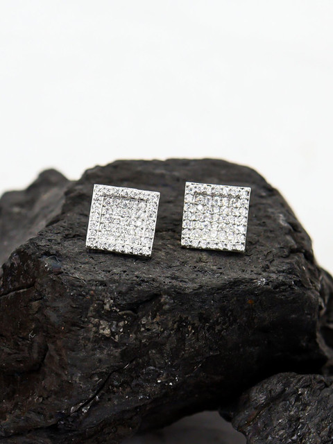 FIMBUL Men Stainless Steel Silver Plated Cubic Zirconia Studded Square Studs