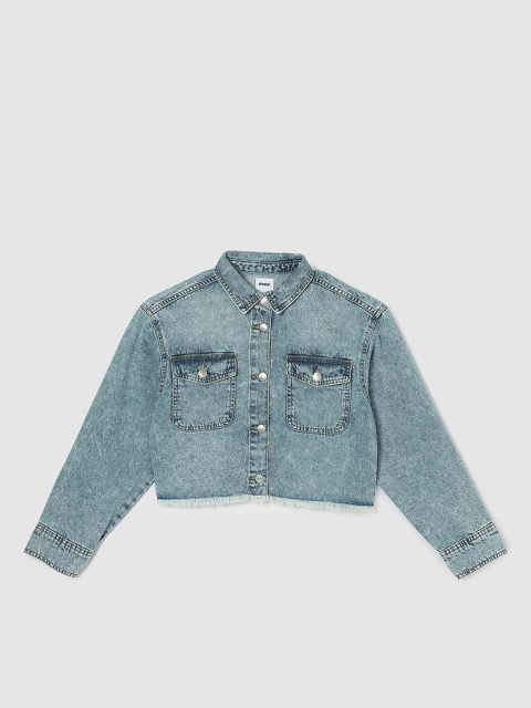 max Girls Washed Colourblocked Polyester Crop Denim Jacket