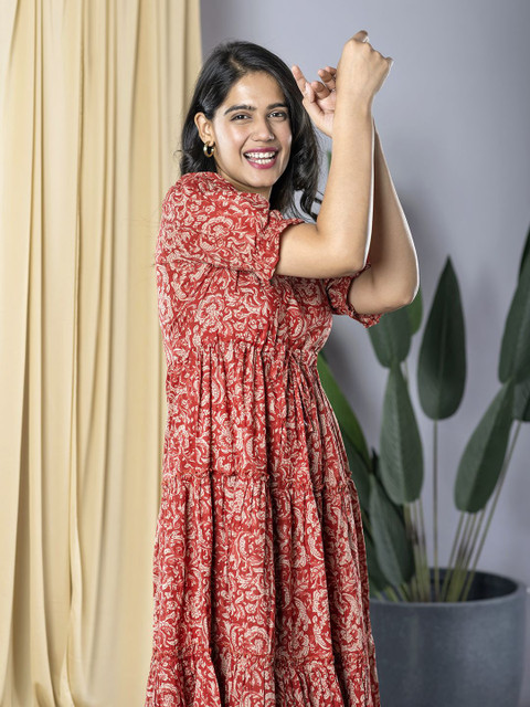 KALINI Women Cotton Printed Puff Sleeve Formal Fit & Flare Midi Dress