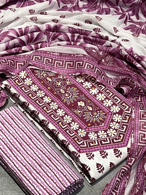 SALWAR STUDIO Floral Printed Sequinned Pure Cotton Unstitched Dress Material