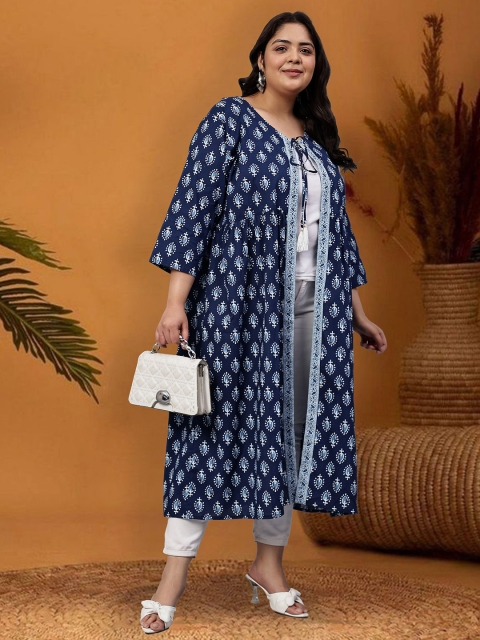 Indietoga Plus Size Floral Printed Tasselled Longline Cotton Ethnic Tie-Up Shrug - Image 7