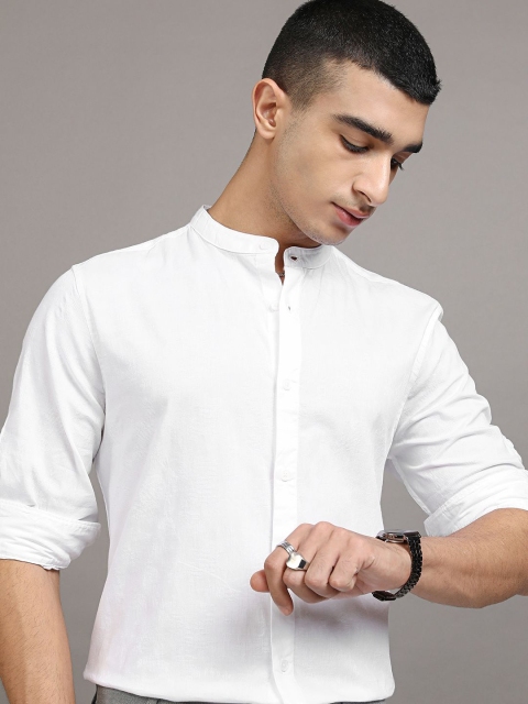 HIGHLANDER Men Jacquard Textured Striped Mandarin Collar Casual Shirt