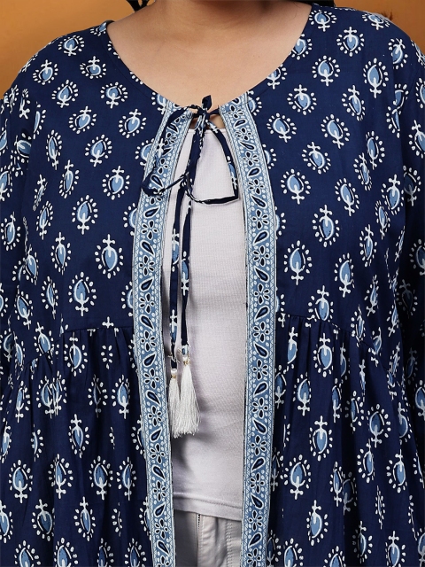 Indietoga Plus Size Floral Printed Tasselled Longline Cotton Ethnic Tie-Up Shrug - Image 2