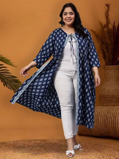 Indietoga Plus Size Floral Printed Tasselled Longline Cotton Ethnic Tie-Up Shrug - Image 6