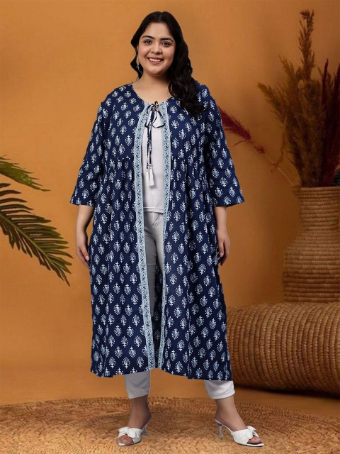 Indietoga Plus Size Floral Printed Tasselled Longline Cotton Ethnic Tie-Up Shrug