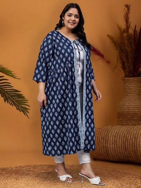 Indietoga Plus Size Floral Printed Tasselled Longline Cotton Ethnic Tie-Up Shrug - Image 3
