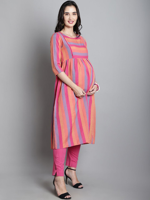 Moms Maternity Women Striped Regular Thread Work Kurta with Trousers - Image 3