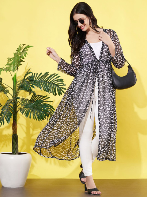 ANVI Be Yourself Abstract Printed Chiffon Longline Tie-Up Shrug