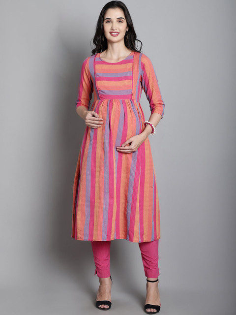 Moms Maternity Women Striped Regular Thread Work Kurta with Trousers