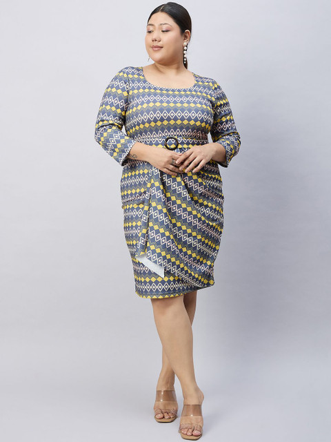 Orchid Blues Geometric Printed Belted Sheath Plus Size Dress