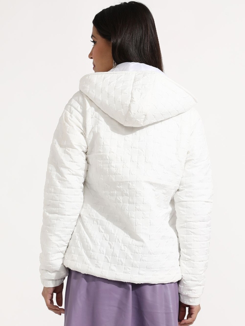 Campus Sutra Women White Checked Windcheater Hooded Padded Jacket - Image 4