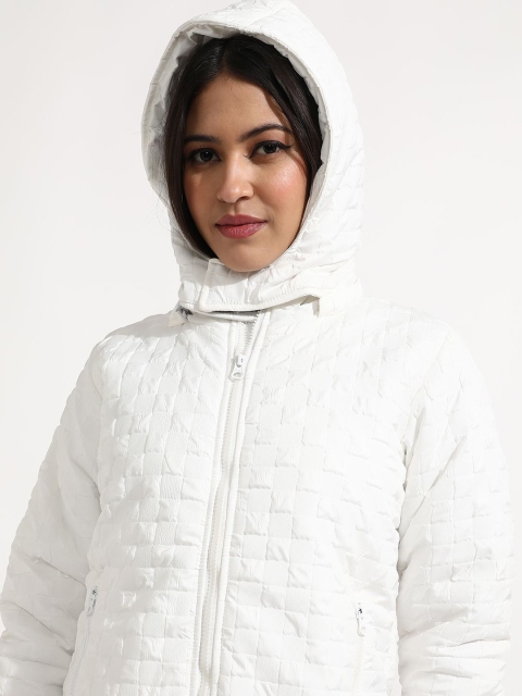 Campus Sutra Women White Checked Windcheater Hooded Padded Jacket - Image 2