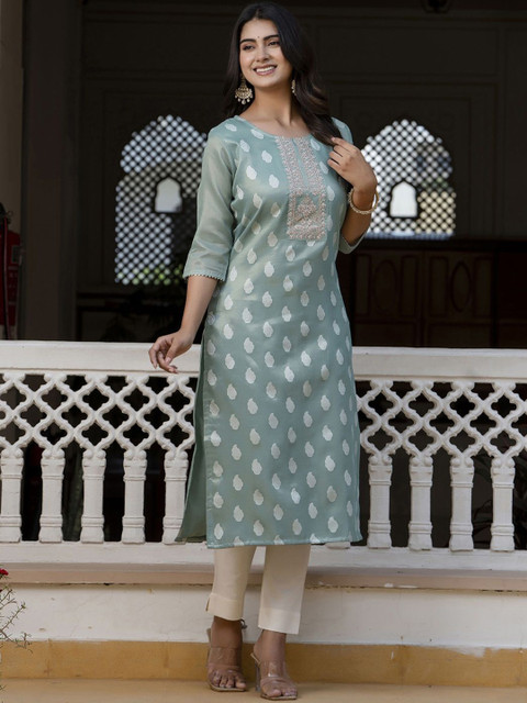 VredeVogel Ethnic Motifs Woven Design Round Neck Regular Thread Work Straight Kurta